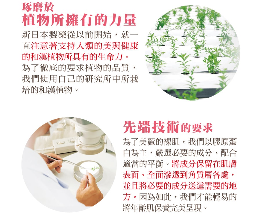 我們琢磨於植物那最自然的力量，利用最先端的技術將其美容精華發揮到最大